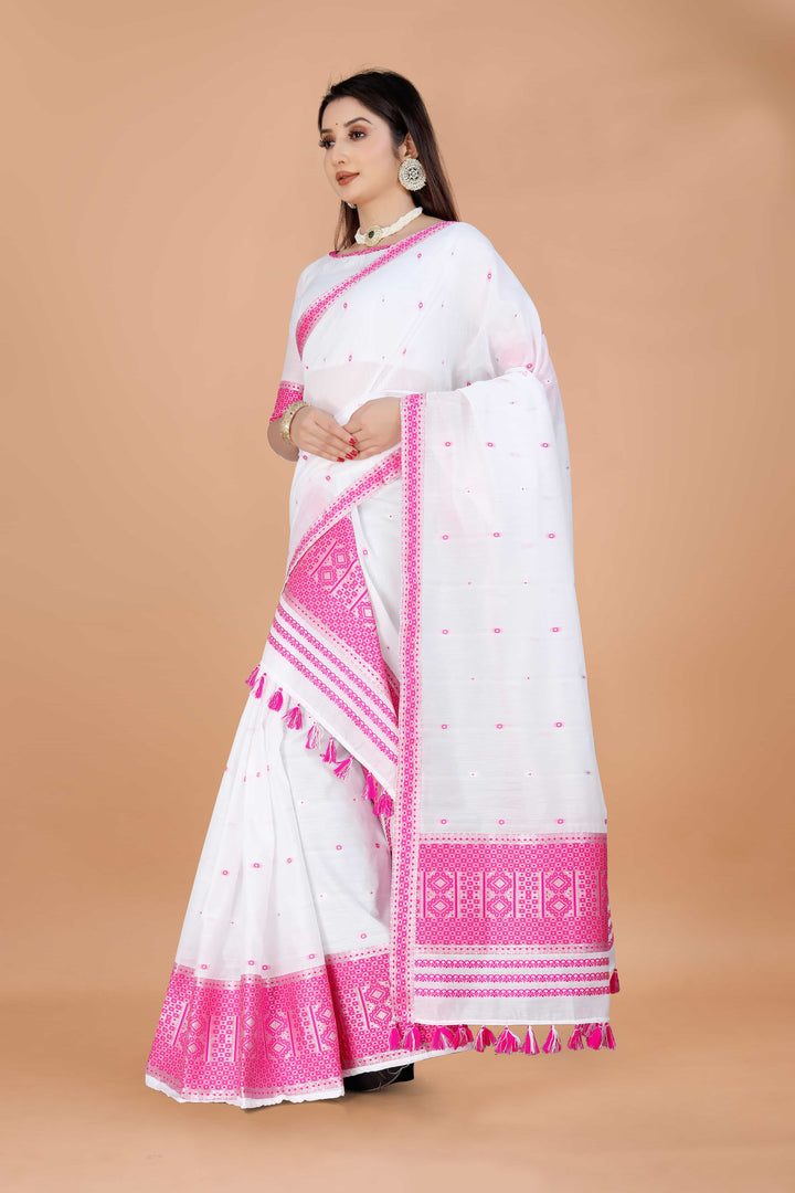 Ready-To-Wear White Silver Jari AC Cotton* Mekhela Sador