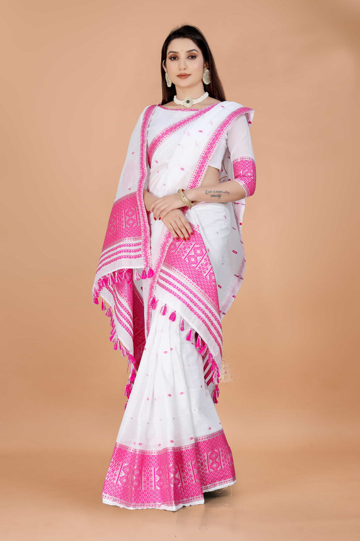 Ready-To-Wear White Silver Jari AC Cotton* Mekhela Sador