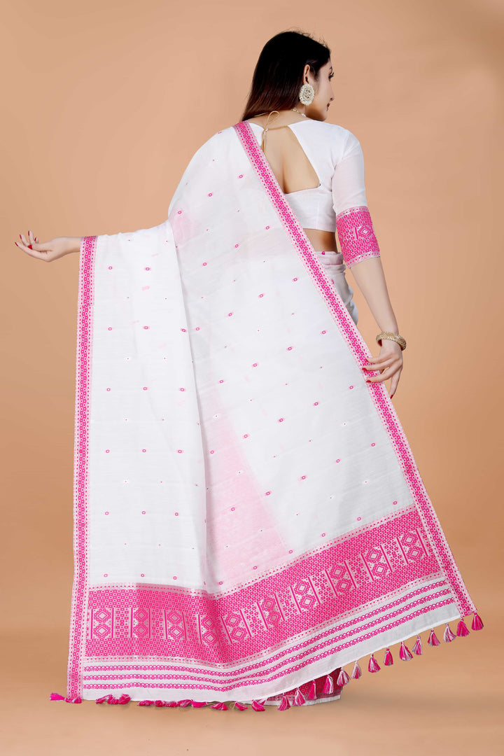 Ready-To-Wear White Silver Jari AC Cotton* Mekhela Sador