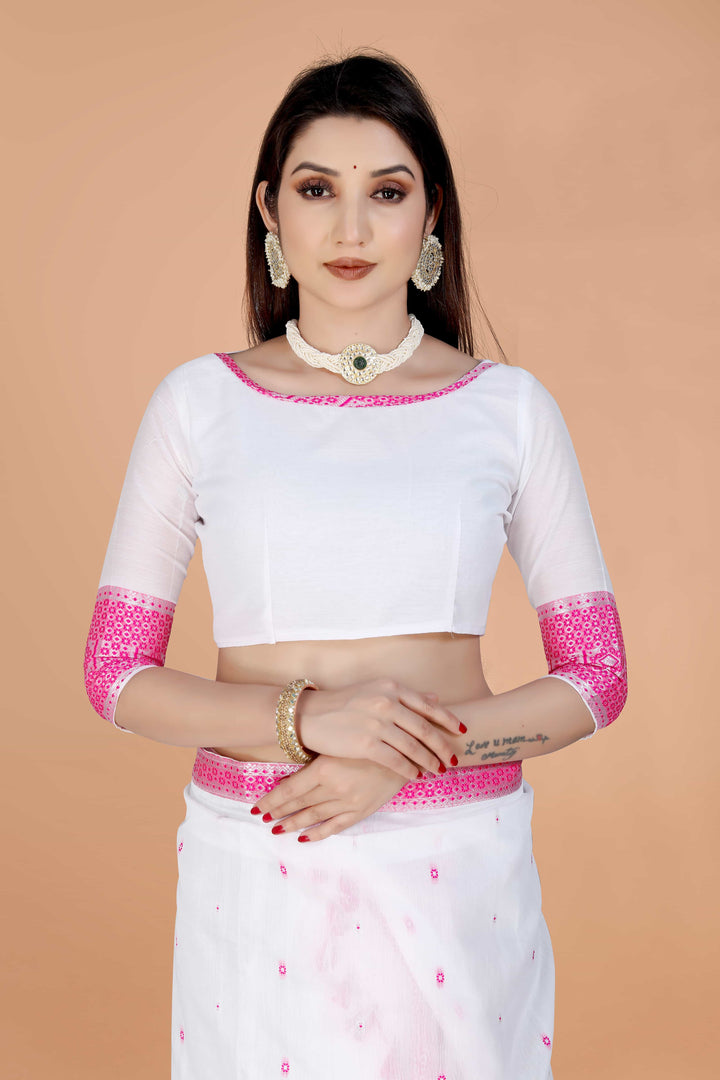 Ready-To-Wear White Silver Jari AC Cotton* Mekhela Sador