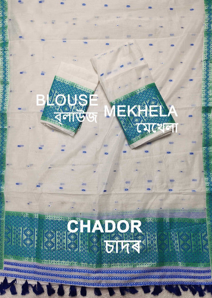 Ready-To-Wear White Silver Jari AC Cotton* Mekhela Sador