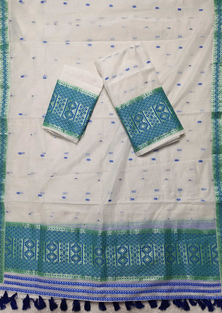 Ready-To-Wear White Silver Jari AC Cotton* Mekhela Sador