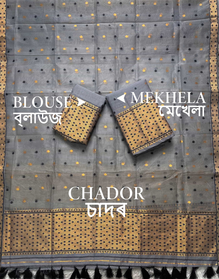 Ready-To-Wear Silver Jari Cotton Blend Mekhela Art-Nuni Sador