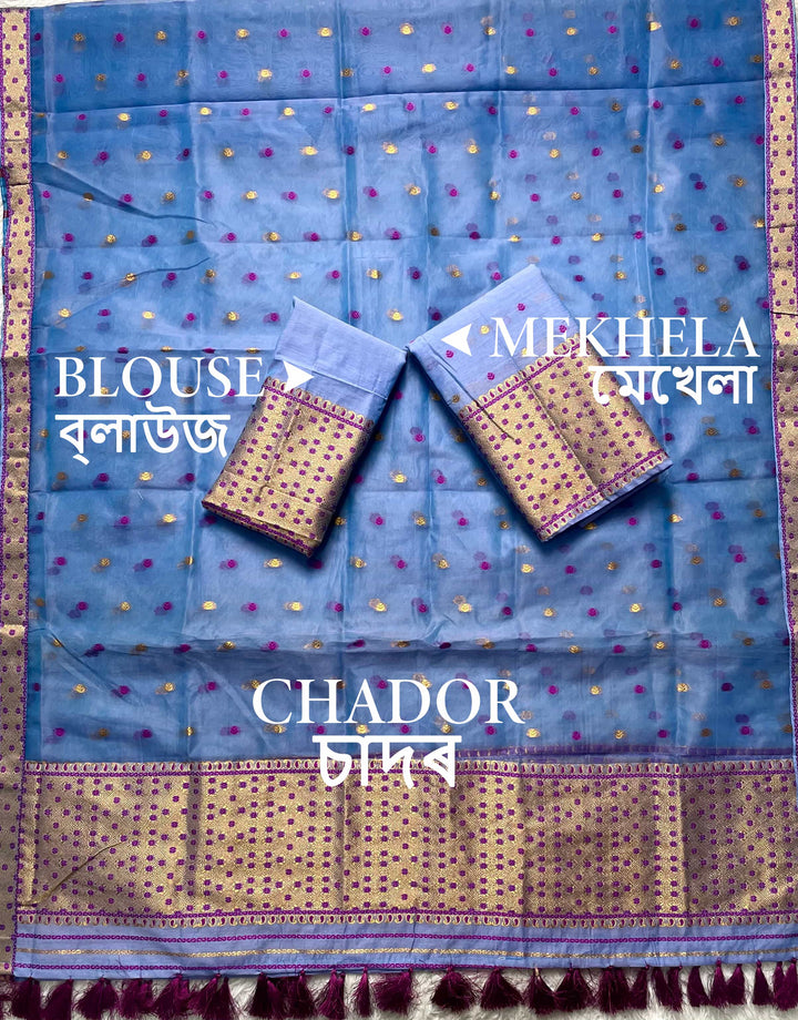 Ready-To-Wear Silver Jari Cotton Blend Mekhela Art-Nuni Sador