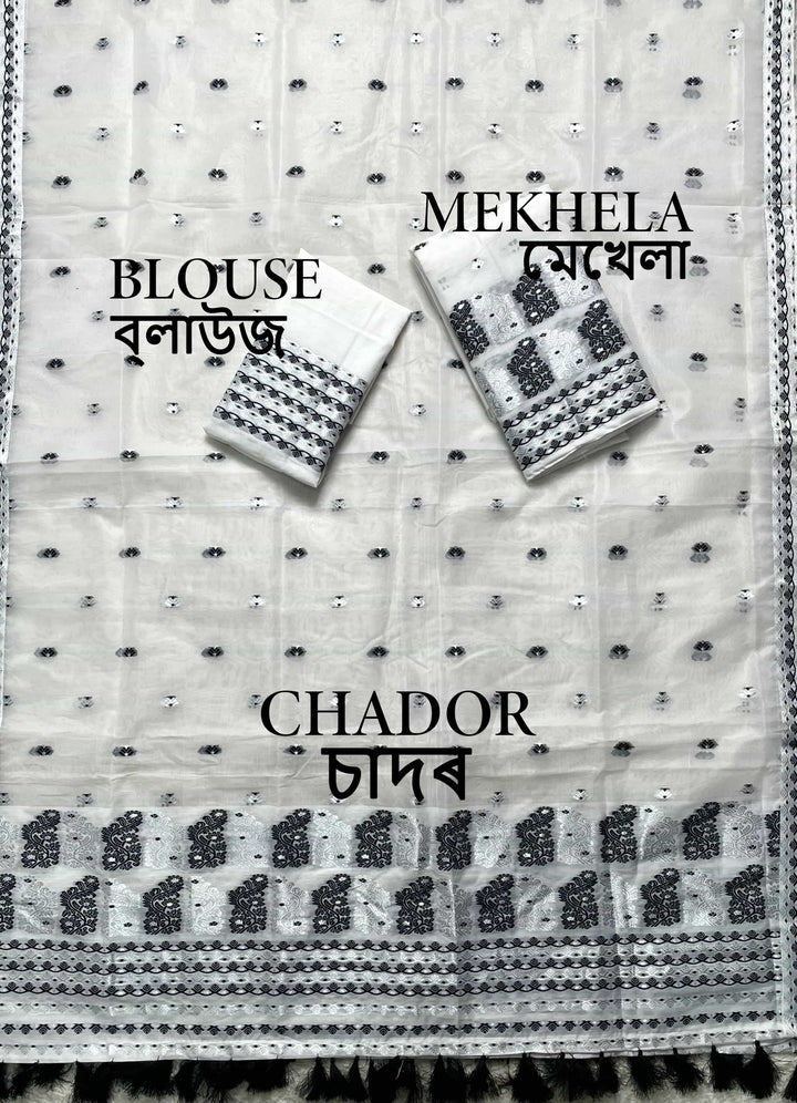 Ready-To-Wear Silver Jari Super Cotton Mekhela Art-Nuni Sador