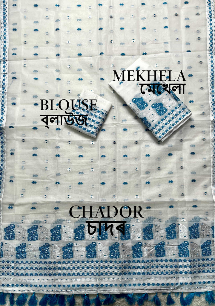 Ready-To-Wear Silver Jari Super Cotton Mekhela Art-Nuni Sador