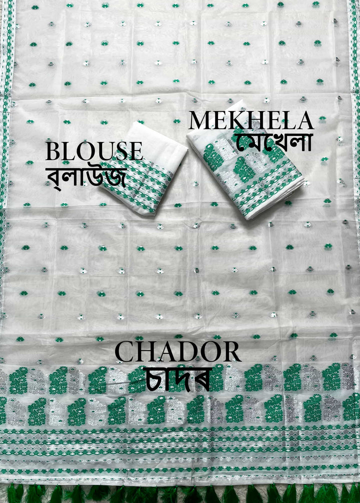 Ready-To-Wear Silver Jari Super Cotton Mekhela Art-Nuni Sador