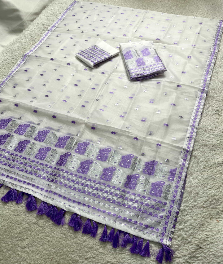 Ready-To-Wear Silver Jari Super Cotton Mekhela Art-Nuni Sador