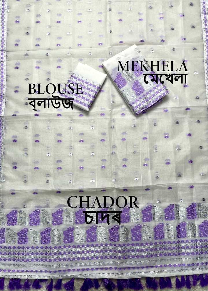 Ready-To-Wear Silver Jari Super Cotton Mekhela Art-Nuni Sador