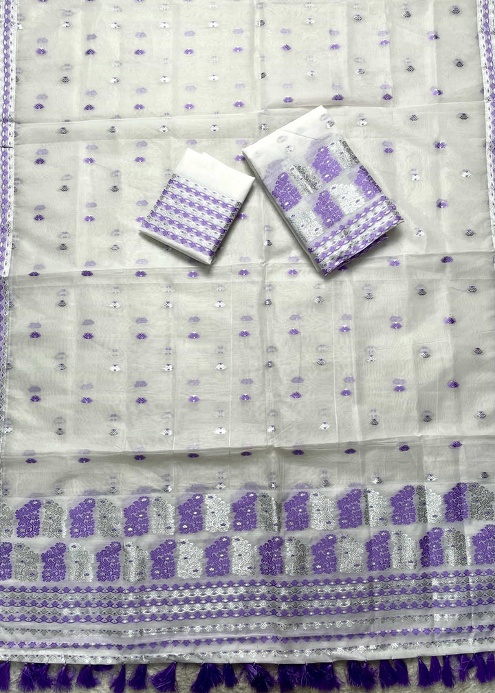 Ready-To-Wear Silver Jari Super Cotton Mekhela Art-Nuni Sador