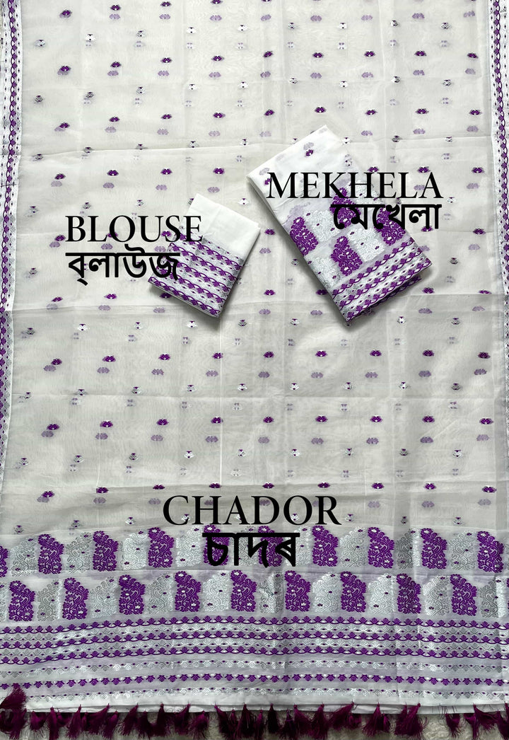 Ready-To-Wear Silver Jari Super Cotton Mekhela Art-Nuni Sador