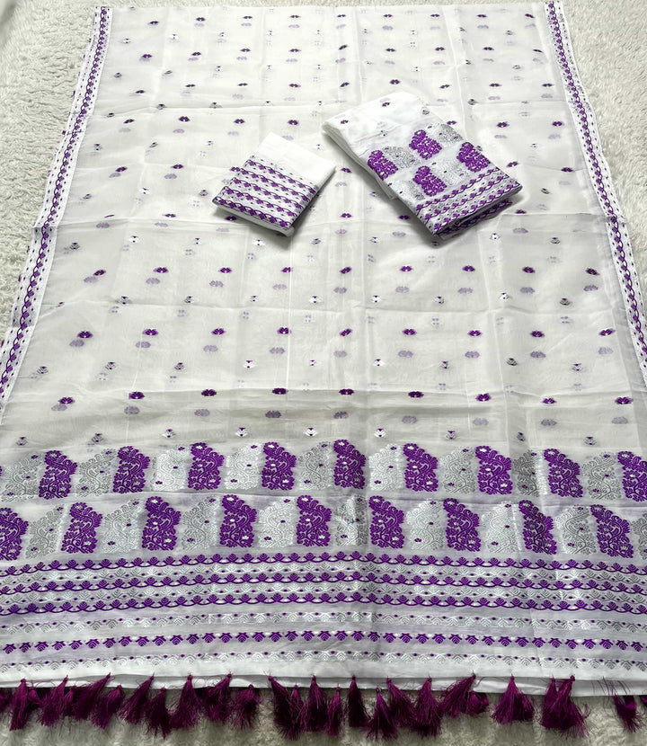 Ready-To-Wear Silver Jari Super Cotton Mekhela Art-Nuni Sador