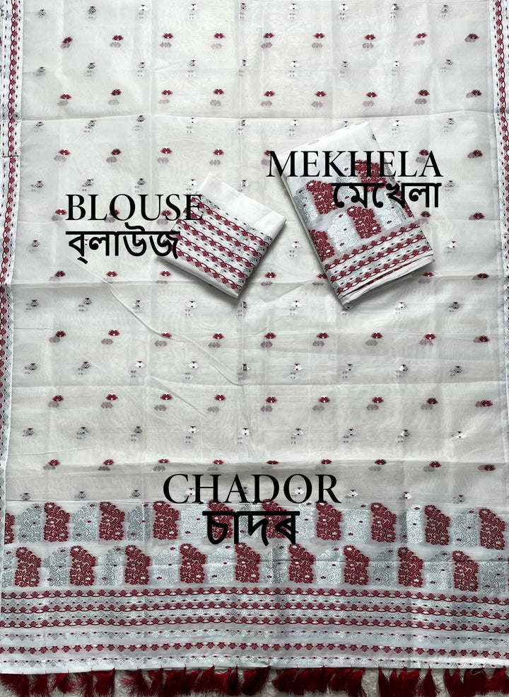 Ready-To-Wear Silver Jari Super Cotton Mekhela Art-Nuni Sador