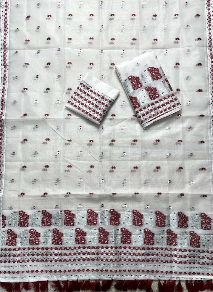 Ready-To-Wear Silver Jari Super Cotton Mekhela Art-Nuni Sador