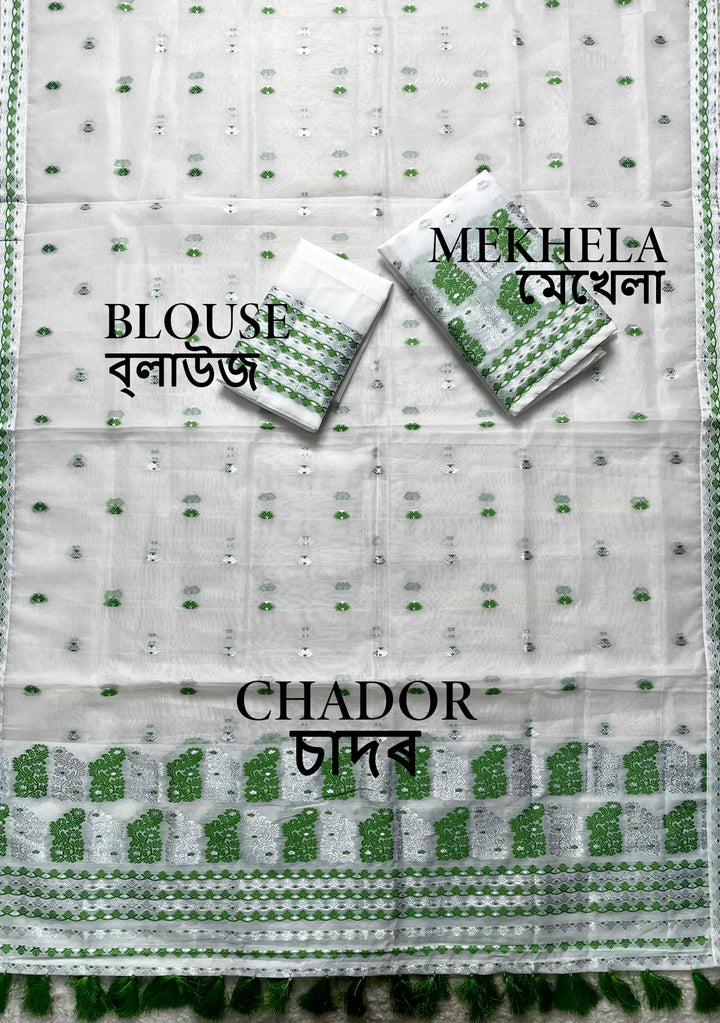 Ready-To-Wear Silver Jari Super Cotton Mekhela Art-Nuni Sador