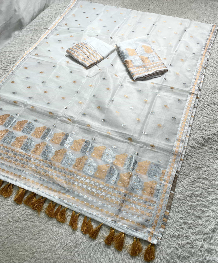 Ready-To-Wear Silver Jari Super Cotton Mekhela Art-Nuni Sador