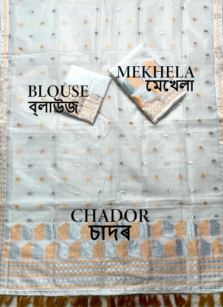 Ready-To-Wear Silver Jari Super Cotton Mekhela Art-Nuni Sador