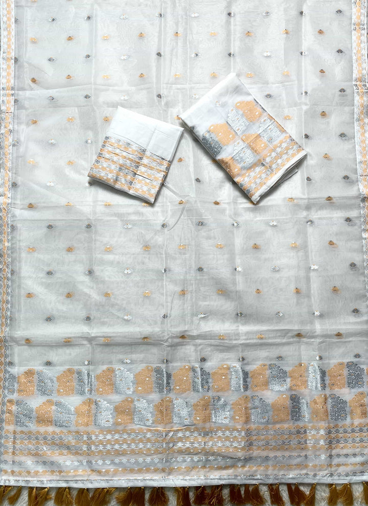 Ready-To-Wear Silver Jari Super Cotton Mekhela Art-Nuni Sador