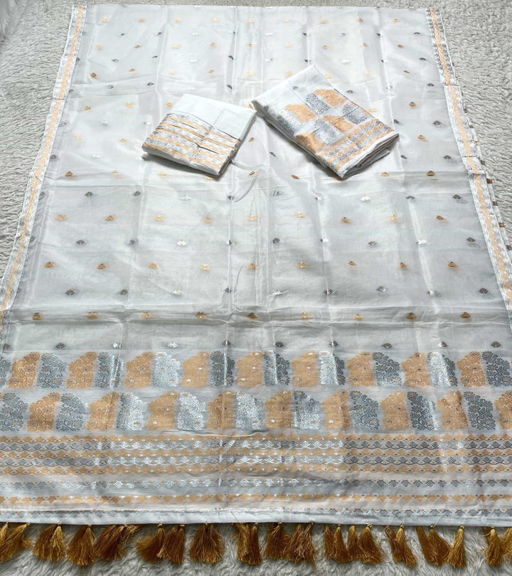 Ready-To-Wear Silver Jari Super Cotton Mekhela Art-Nuni Sador