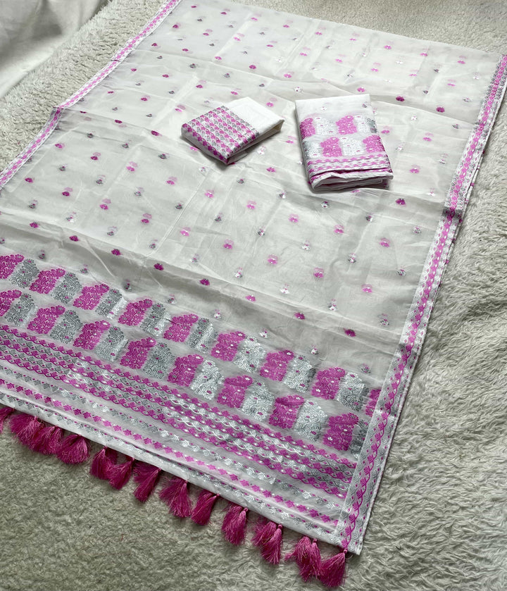 Ready-To-Wear Silver Jari Super Cotton Mekhela Art-Nuni Sador