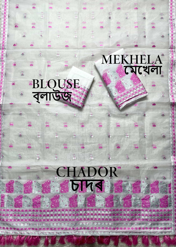 Ready-To-Wear Silver Jari Super Cotton Mekhela Art-Nuni Sador