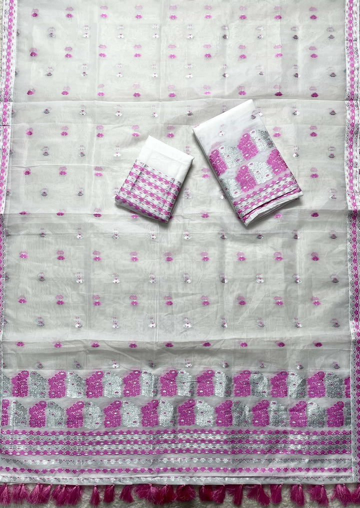 Ready-To-Wear Silver Jari Super Cotton Mekhela Art-Nuni Sador