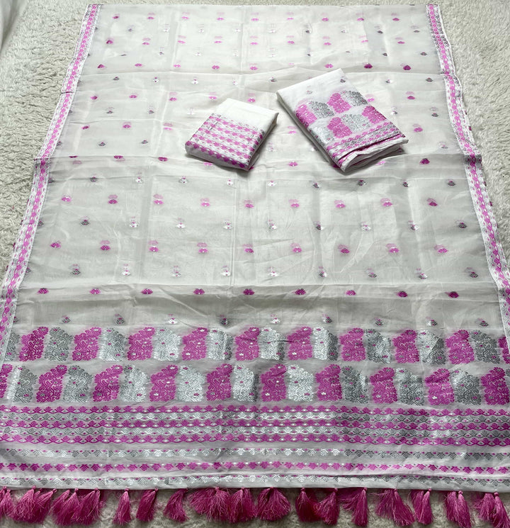 Ready-To-Wear Silver Jari Super Cotton Mekhela Art-Nuni Sador