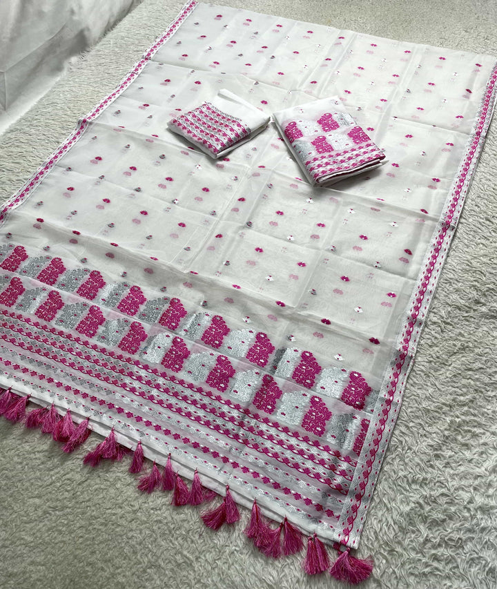 Ready-To-Wear Silver Jari Super Cotton Mekhela Art-Nuni Sador