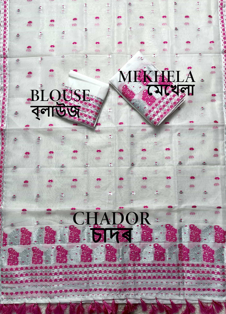 Ready-To-Wear Silver Jari Super Cotton Mekhela Art-Nuni Sador