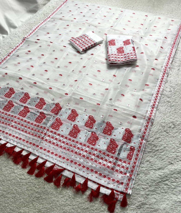 Ready-To-Wear Silver Jari Super Cotton Mekhela Art-Nuni Sador