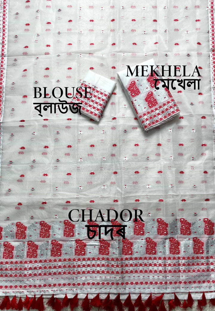 Ready-To-Wear Silver Jari Super Cotton Mekhela Art-Nuni Sador