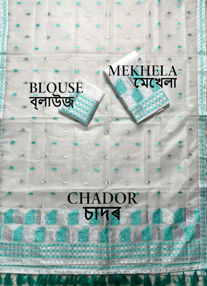 Ready-To-Wear Silver Jari Super Cotton Mekhela Art-Nuni Sador