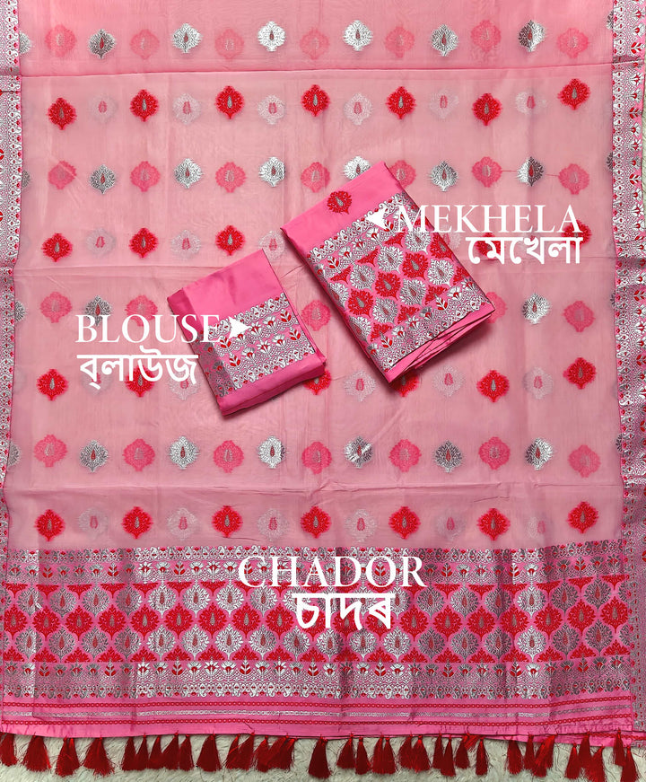 Ready-To-Wear Silver Jari & Dhaga Work Premium Poly Mekhela Art-Nuni Sador