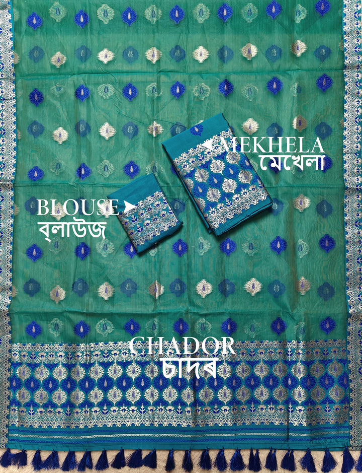 Ready-To-Wear Silver Jari & Dhaga Work Premium Poly Mekhela Art-Nuni Sador