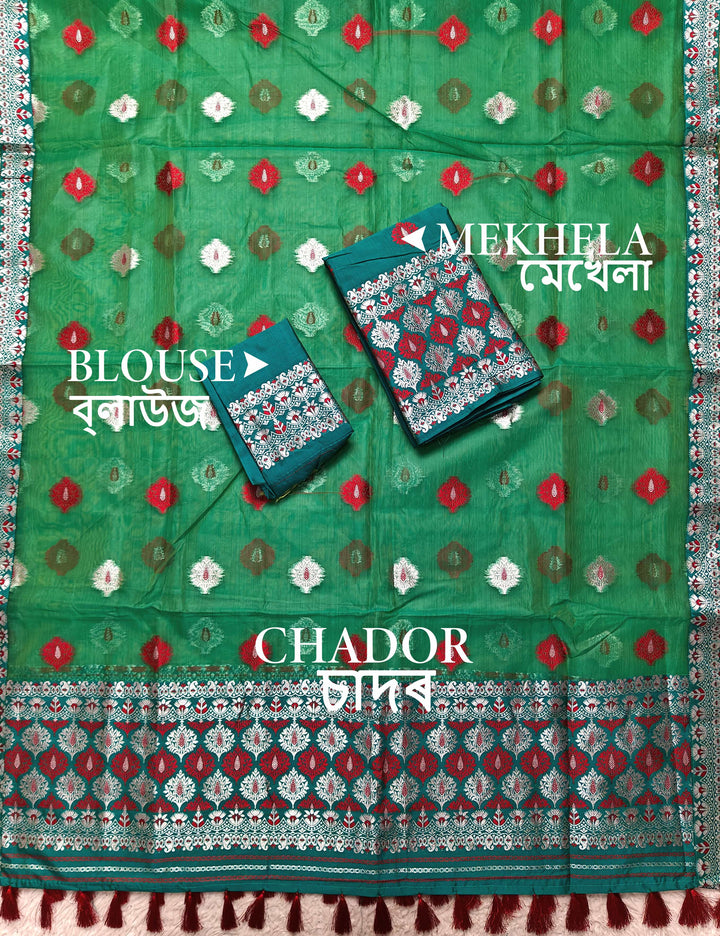 Ready-To-Wear Silver Jari & Dhaga Work Premium Poly Mekhela Art-Nuni Sador