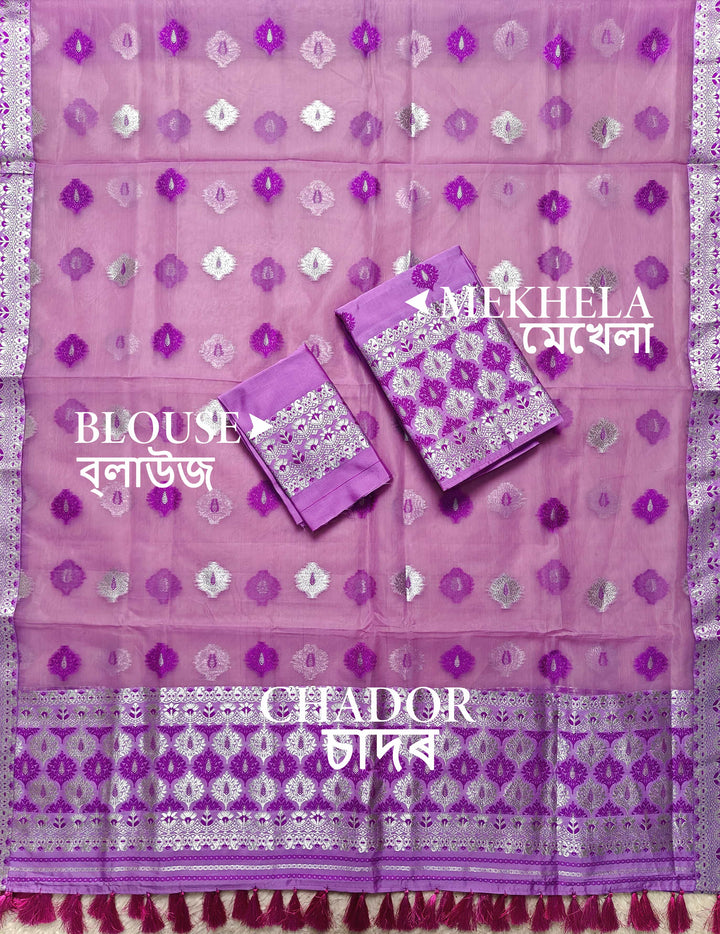 Ready-To-Wear Silver Jari & Dhaga Work Premium Poly Mekhela Art-Nuni Sador