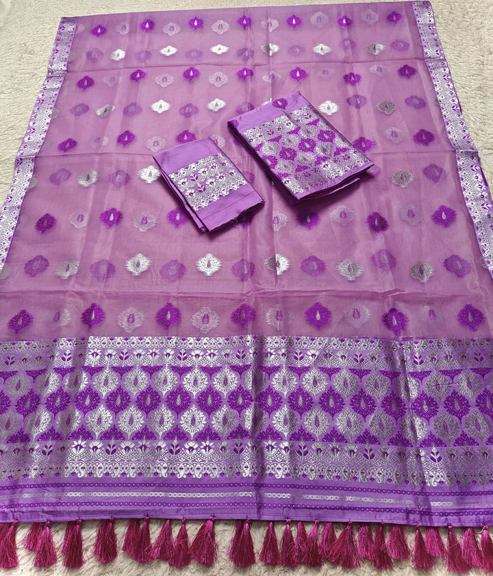 Ready-To-Wear Silver Jari & Dhaga Work Premium Poly Mekhela Art-Nuni Sador