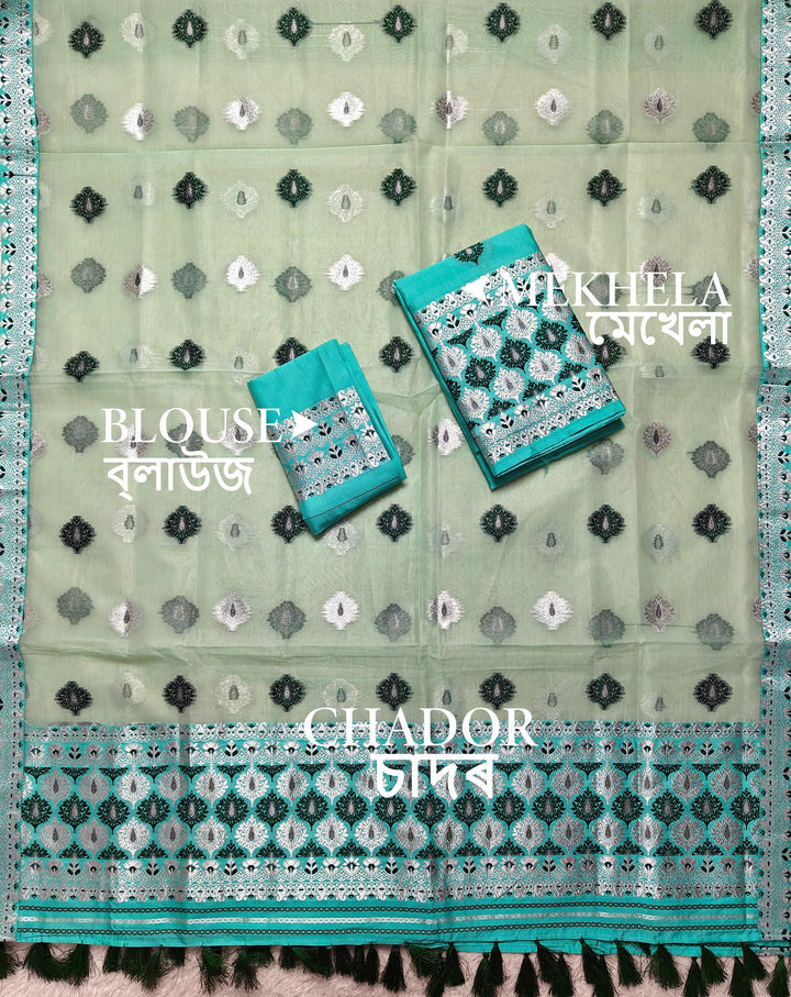 Ready-To-Wear Silver Jari & Dhaga Work Premium Poly Mekhela Art-Nuni Sador