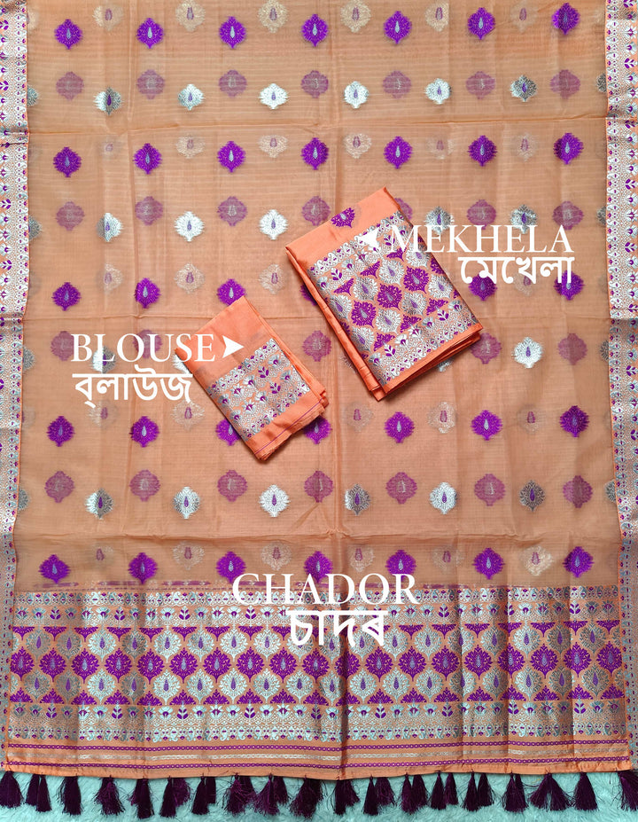 Ready-To-Wear Silver Jari & Dhaga Work Premium Poly Mekhela Art-Nuni Sador