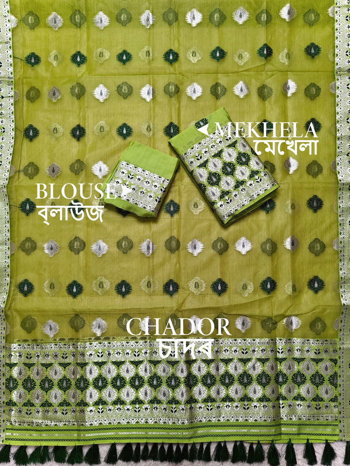 Ready-To-Wear Silver Jari & Dhaga Work Premium Poly Mekhela Art-Nuni Sador