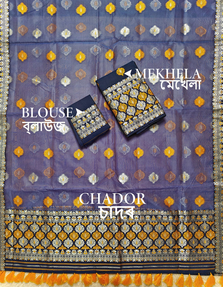 Ready-To-Wear Silver Jari & Dhaga Work Premium Poly Mekhela Art-Nuni Sador