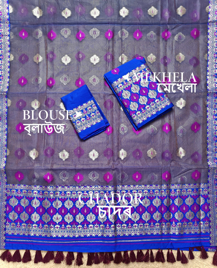 Ready-To-Wear Silver Jari & Dhaga Work Premium Poly Mekhela Art-Nuni Sador