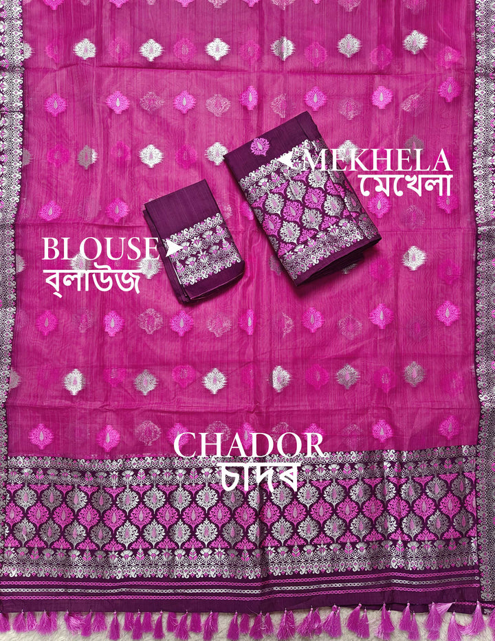 Ready-To-Wear Silver Jari & Dhaga Work Premium Poly Mekhela Art-Nuni Sador